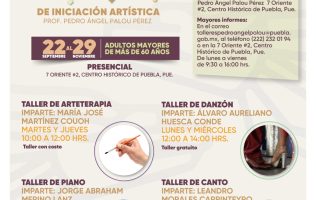 Adultos mayores participan en talleres artísticos gratuitos en Puebla como parte del programa “Pedro Ángel Palou Pérez”.